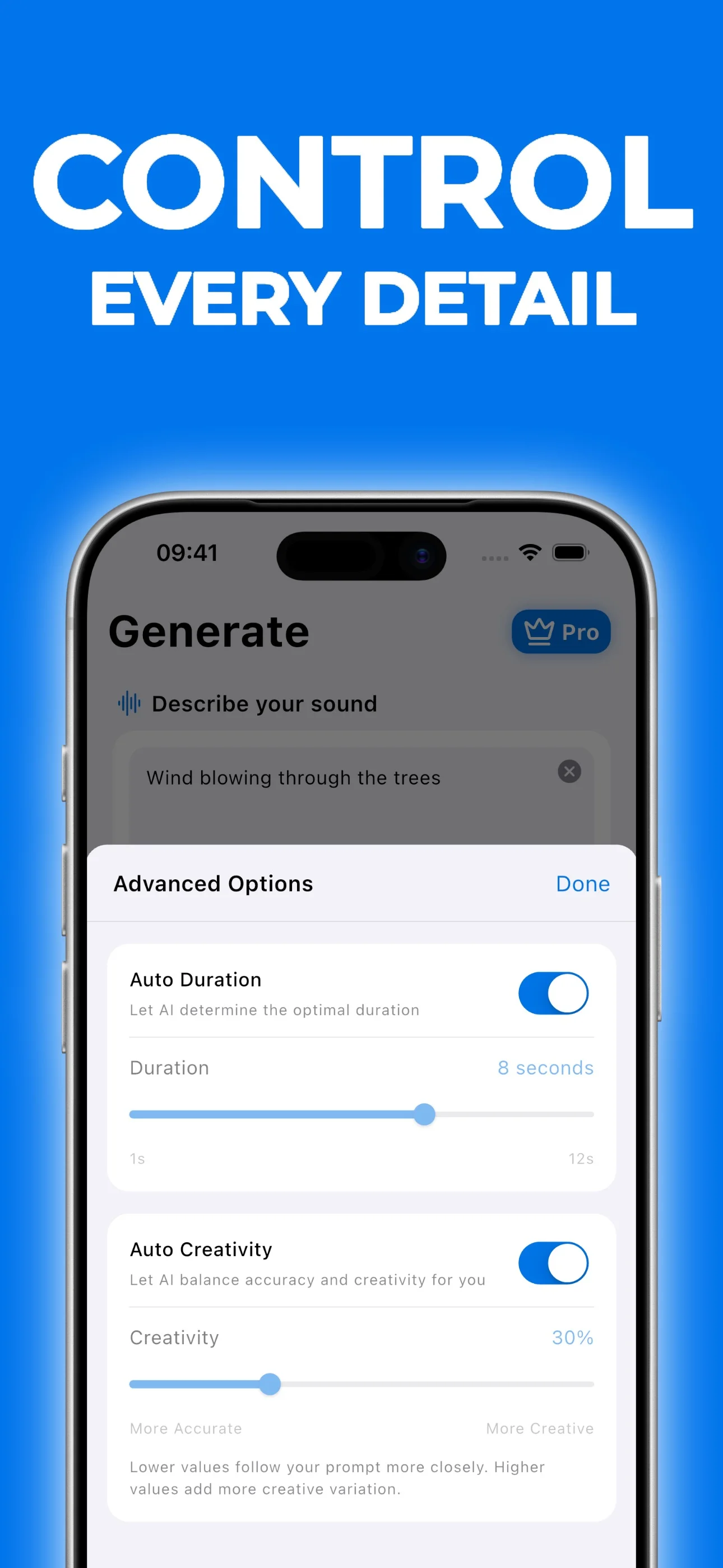 AI Sound Effects sound settings with duration and creativity sliders