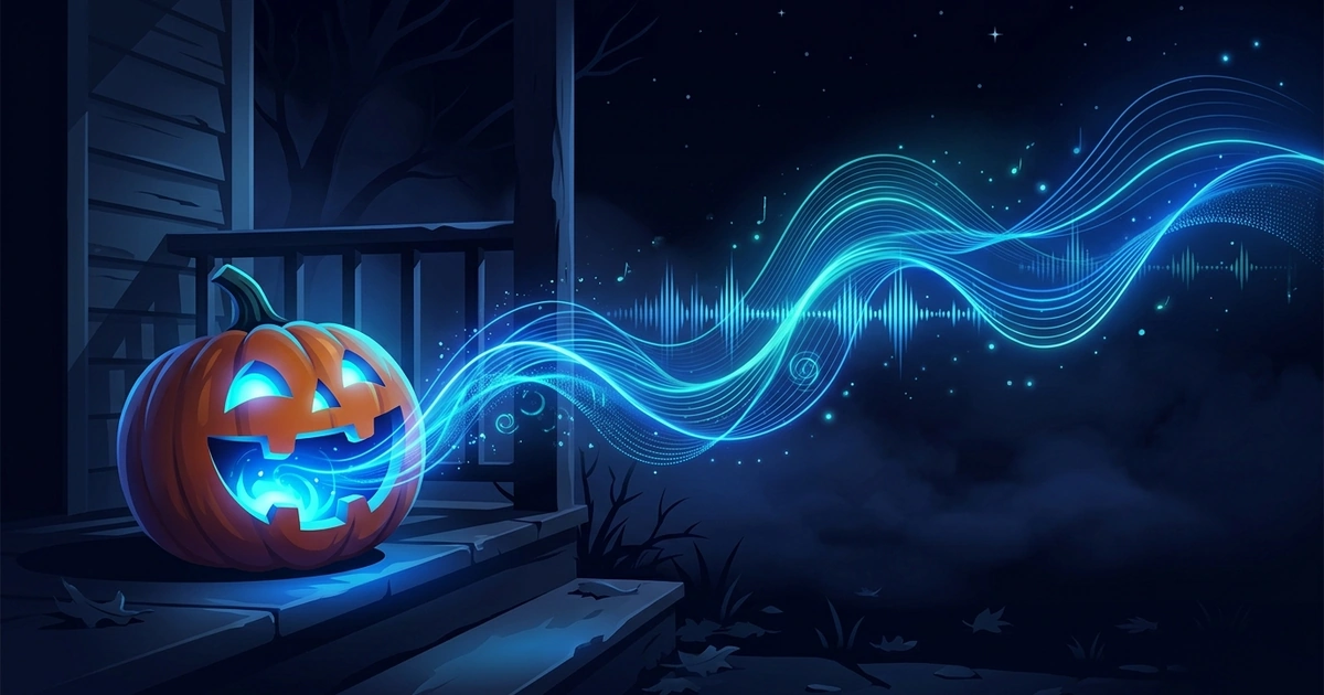 A carved jack-o’-lantern on a porch step, with glowing blue sound waves pouring from its mouth