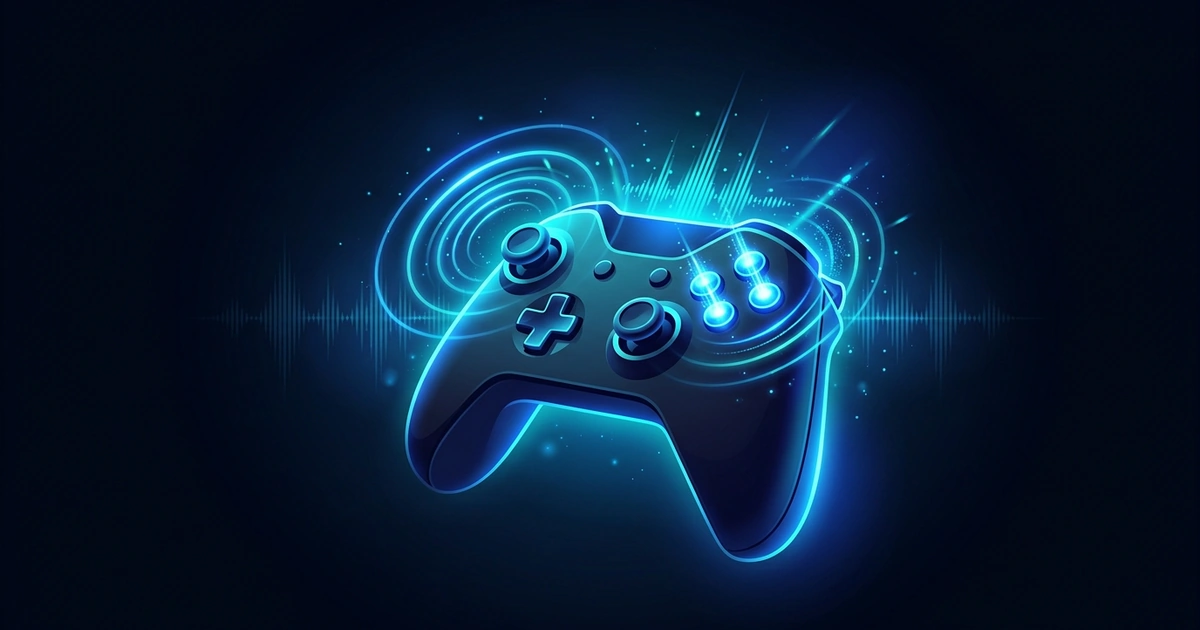 A game controller with glowing blue sound waves bursting out from its buttons