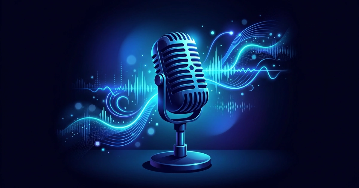 A vintage podcast microphone on a desk stand, with glowing blue sound waves flowing around it