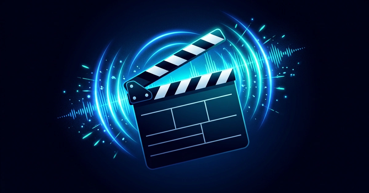 A film clapperboard snapping shut, with glowing blue sound waves bursting out around it