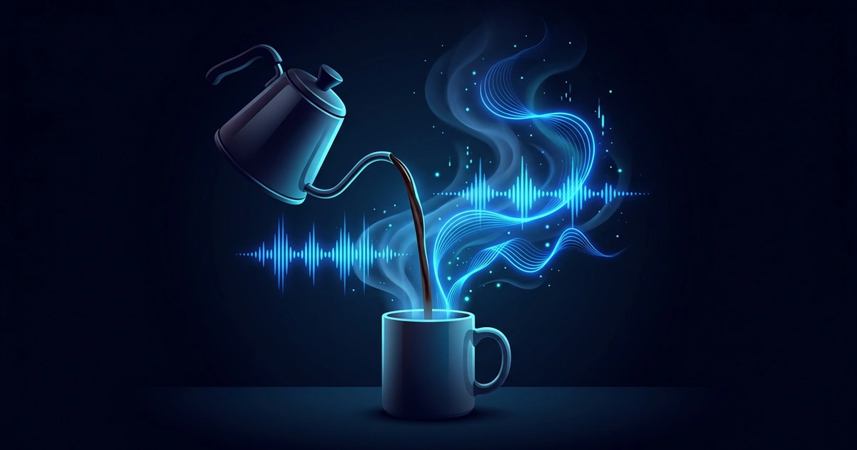 Coffee pouring from a kettle into a mug, with glowing blue sound waves rising in the steam