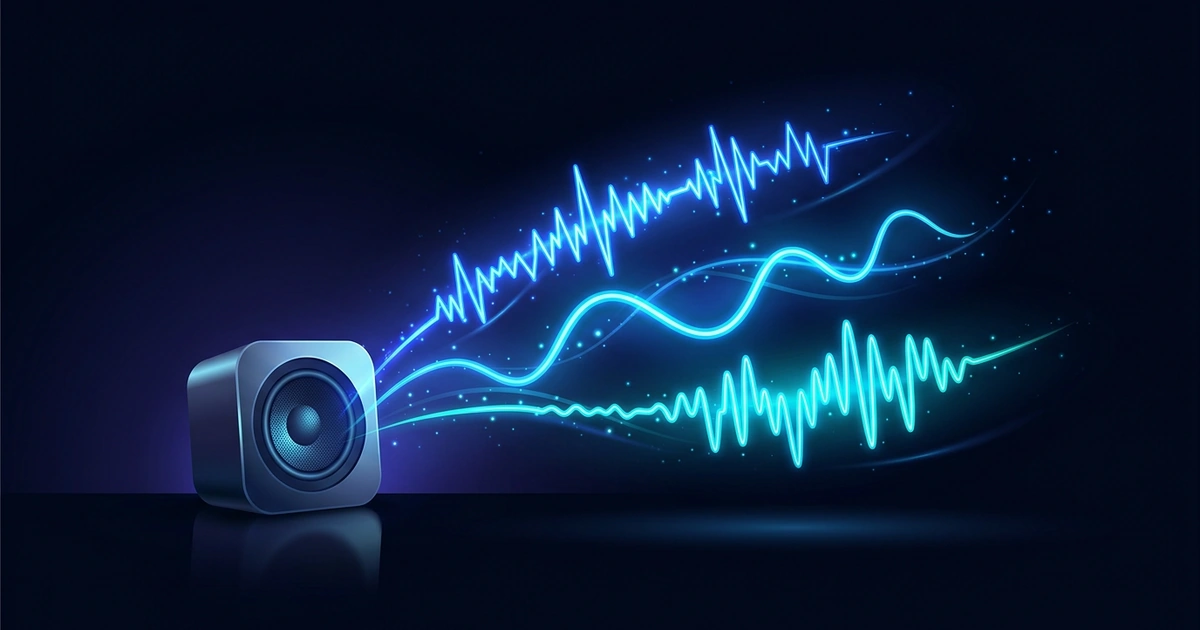 A small speaker sending out three glowing blue waveforms, each with a different shape