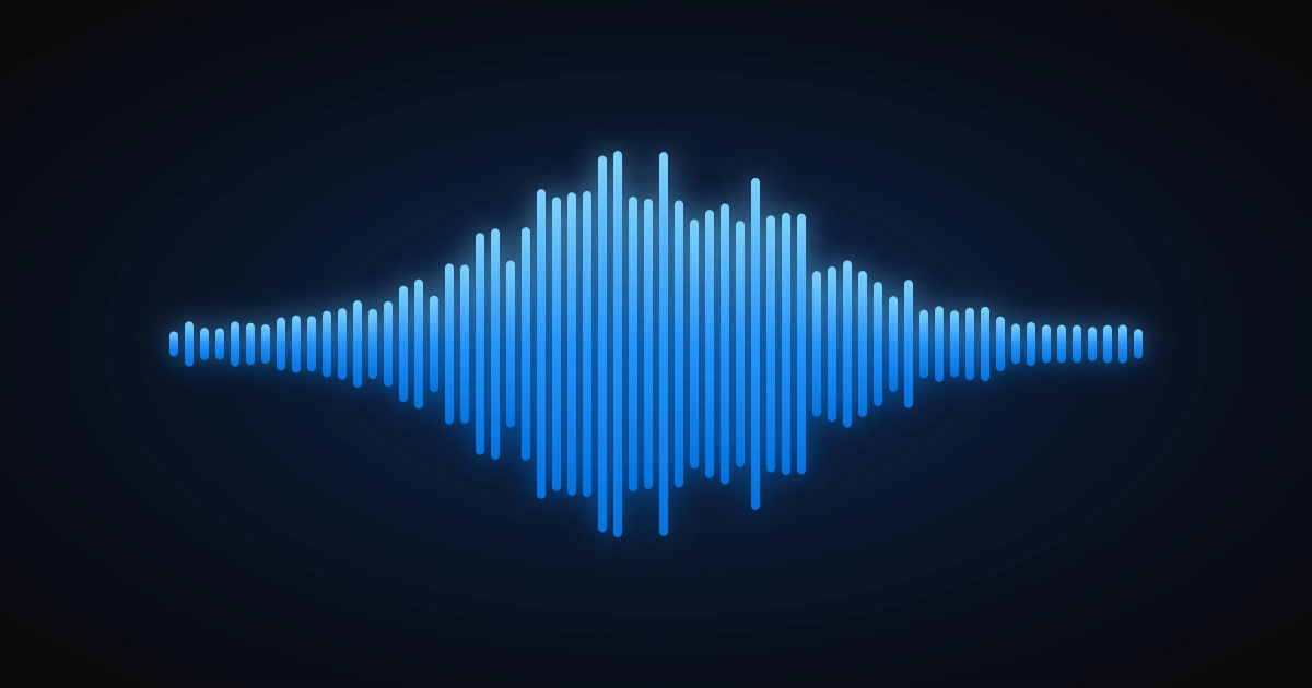 A glowing blue sound waveform rising out of a dark background, like a sound taking shape