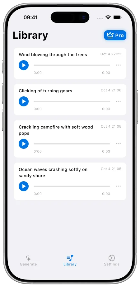 AI Sound Effects Library screen listing four saved sound effects, from wind in the trees to ocean waves